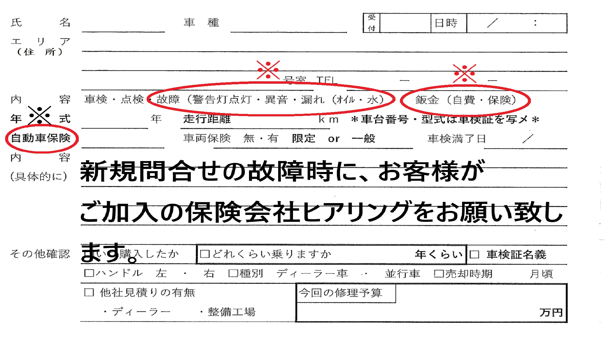 ヒアリングシートの例。故障・鈑金・自動車保険の記入欄と、保険会社確認の型。